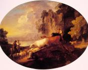 托马斯庚斯博罗 - River Landscape with Rustic Lovers